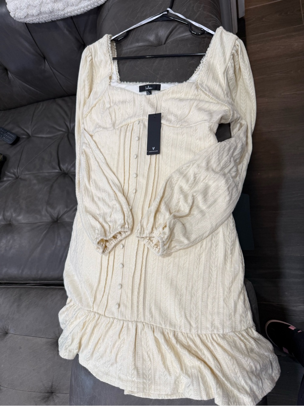 Lulu’s Cream Knit Long-Sleeve Ruffle-Hem Midi Dress